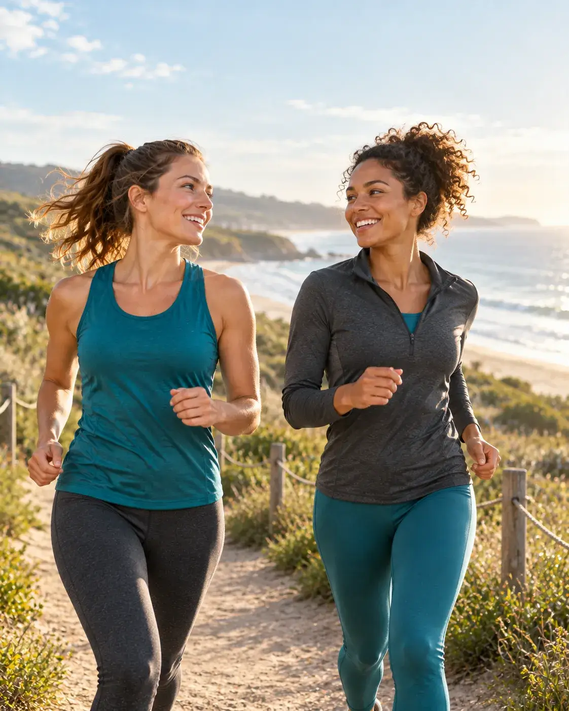 Twee vrouwen bewegen samen over een natuurpad langs de kust voor gezondheid en vitaliteit.