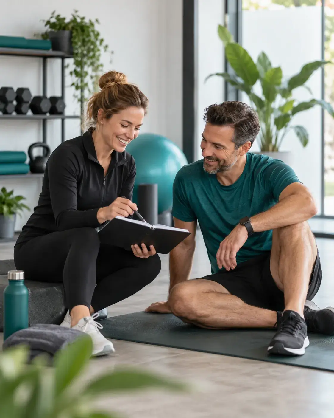 Coach en deelnemer bespreken een beweegplan in een lichte en moderne fitnessstudio. Over ons