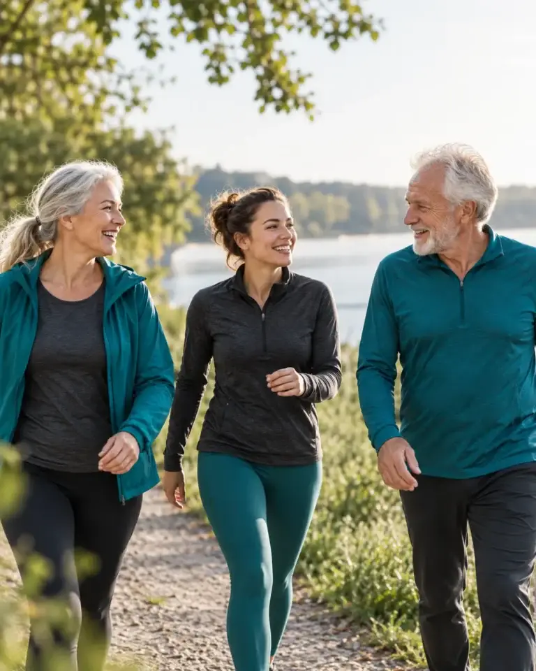 Drie mensen van verschillende leeftijden wandelen samen langs het water in een ontspannen en gezonde sfeer.
