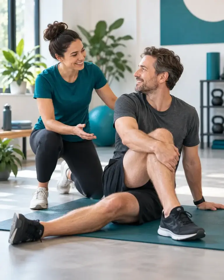 Begeleider helpt een man met een stretchoefening in een moderne studio voor sport en welzijn. Faq