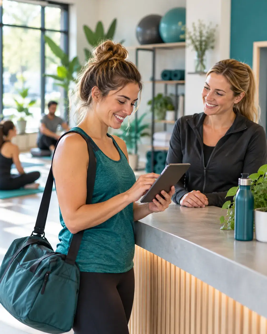 Vrouw meldt zich aan bij een moderne fitnessstudio met een tablet, begeleid door een vriendelijke medewerker. Registreer